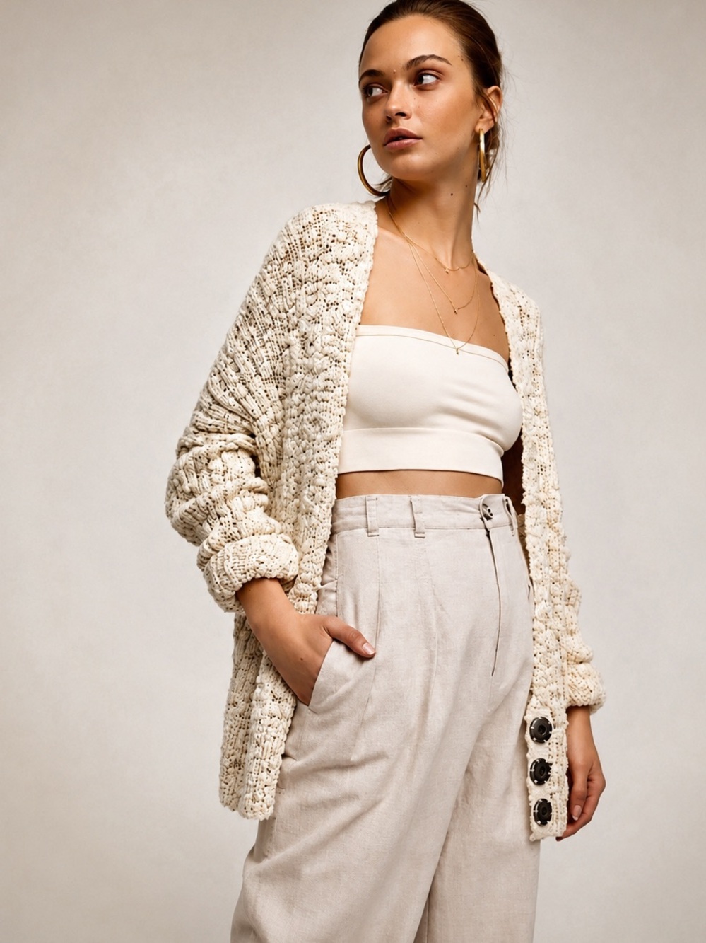 Free People Fun Times Cardigan Oversized Chunky Knit Cream Sweater NWT | Size L